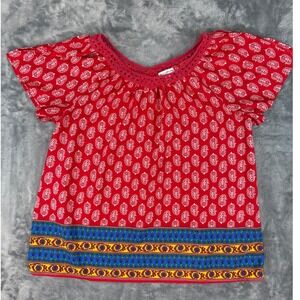 Rebecca Malone Womens XL Red Paisley Boho Crochet Neck Flutter Sleeve Blouse